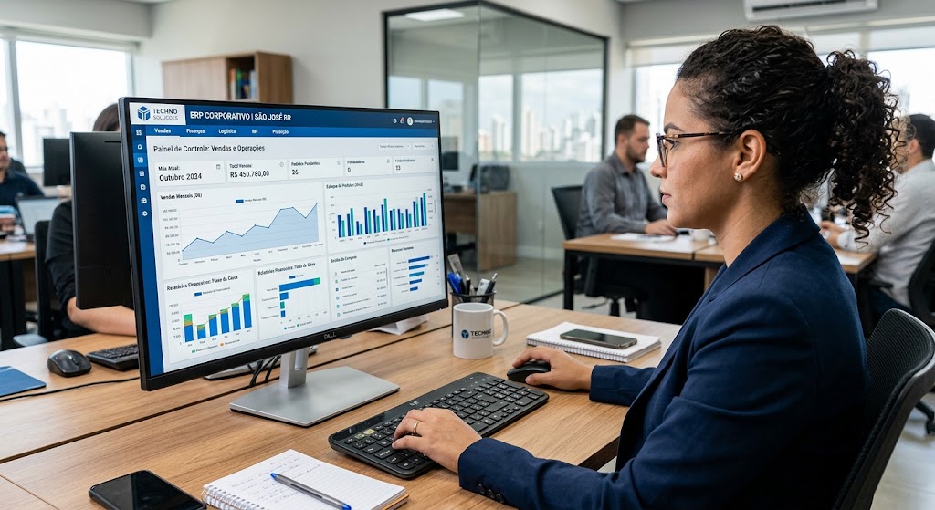 Escritório corporativo moderno representando um sistema ERP